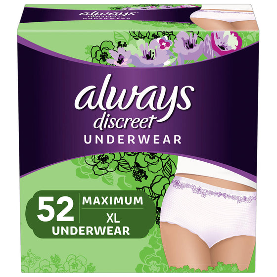 Always Discreet, Incontinence & Postpartum Underwear for Women, Maximum, size: XL, 52 (ct.)