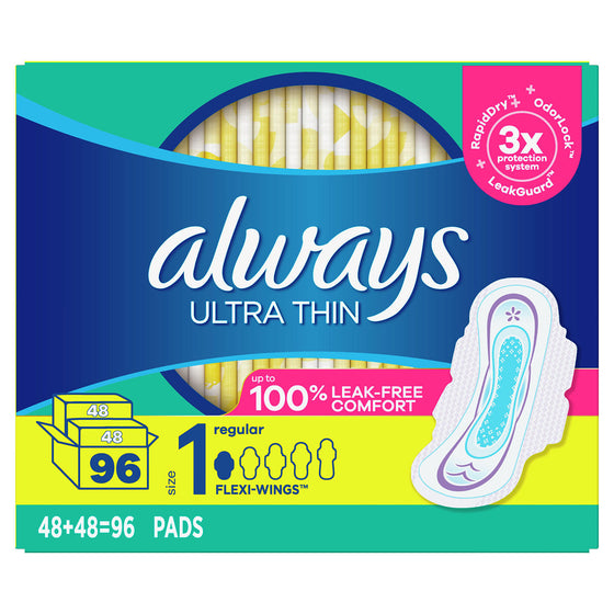 Always Ultra Thin Pads Size 1 Regular Absorbency Unscented with Wings, (96 ct.)
