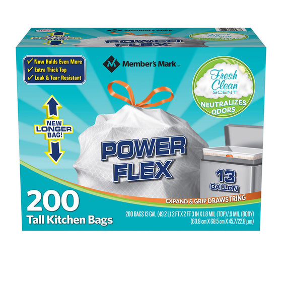 Member's Mark Power Flex Tall Kitchen Drawstring Trash Bags (13 Gallon, 2 Rolls of 100 ct., 200 count total)  scent: Fresh Clean