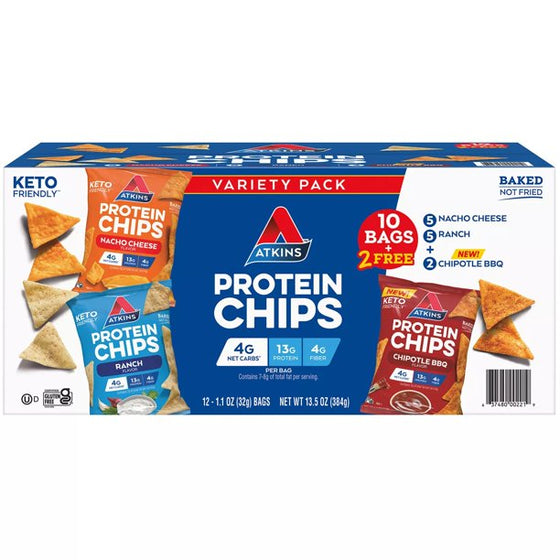 Atkins Keto Friendly Protein Chips Snack Variety Pack, Ranch, Nacho Cheese, and Chipotle BBQ (12 ct.)