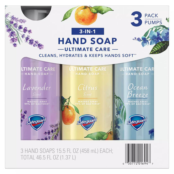 Safeguard Liquid Hand Soap 3-in-1 Ultimate Care Pack, Micellar Deep Cleansing (15.5 fl. oz. 3 pk.)