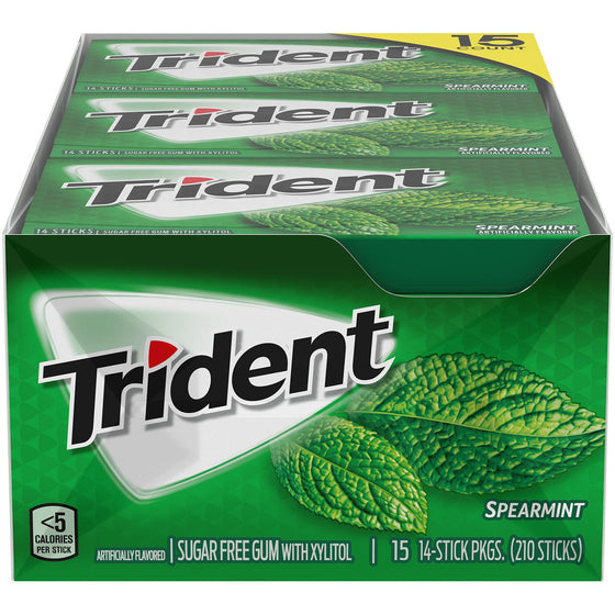 Trident Spearmint Sugar Free Gum, 15 Packs of 14 Pieces (210 Total Pieces)