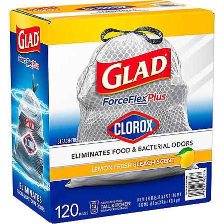 Glad Tall Kitchen Drawstring Grey Trash Bags – ForceFlex Plus With Clorox, Lemon Fresh Bleach Scent (13 gal., 120 ct.)