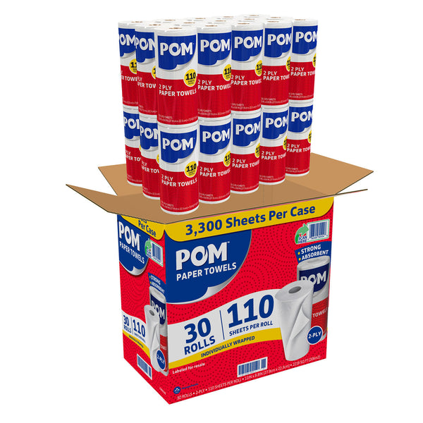 POM Kitchen Roll Paper Towels, 8 7/8 x 11, White, 2-Ply (110/roll, 30 rolls)