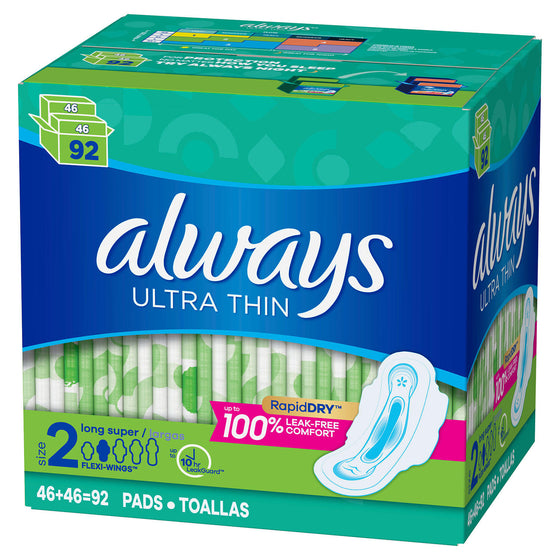 Always Ultra Thin Pads Size 2 Super Long Absorbency Unscented with Wings (92 ct.)