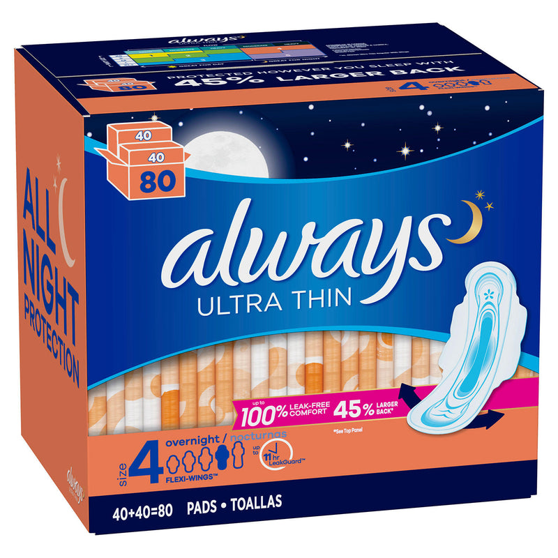 Always Ultra Thin Size 4 Overnight Pads With Wings, Unscented (80 ct.)