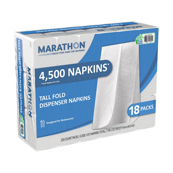 Marathon Tall Fold Dispenser Napkins, 1-Ply, 7" x 13 1/2", White (4500 ct.) Pack of 2