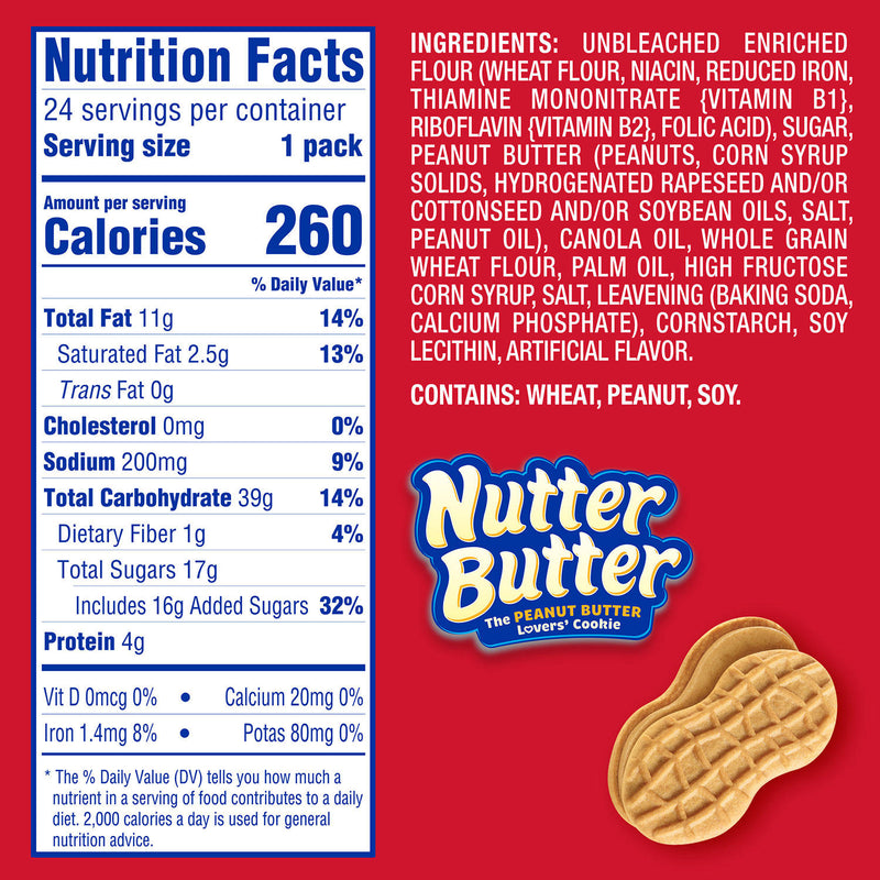 Nabisco nutter butter sandwich cookies, 2pk / 24pc individual bags