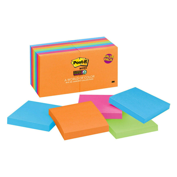 Post-it Notes Super Sticky, 3" x 3", Rio De Janeiro Collection, 14 Pads, 1,260 Total Sheets