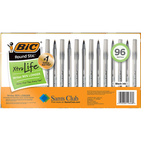 BIC Round Stic Xtra Life, Medium Point, 96 ct., Color: Black