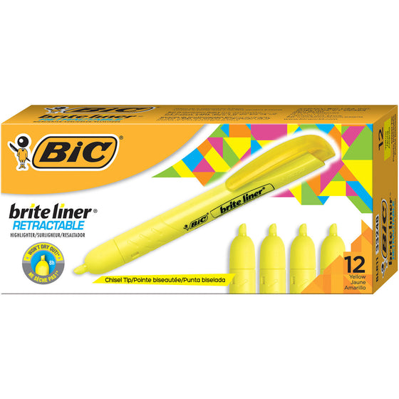 BIC Brite Liner Retractable Highlighter, Chisel Tip, Fluorescent Yellow (12 pk.)