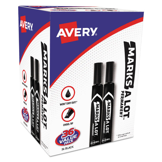 Avery MARKS A LOT Large Desk-Style Permanent Marker Value Pack, Broad Chisel Tip, Black, 36/Pack