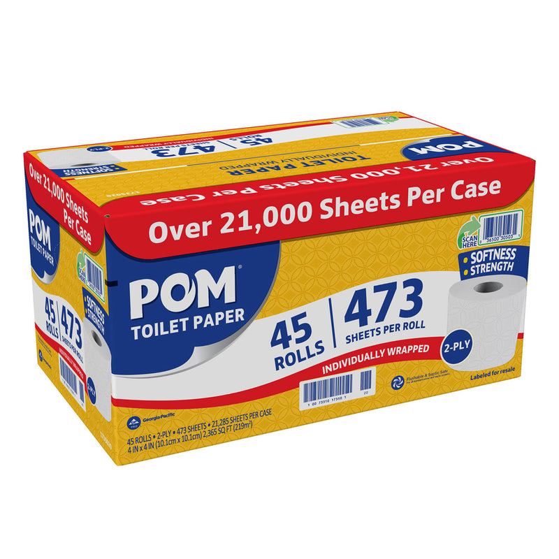 POM™ Embossed 2-Ply Toilet Paper, White, 45 Rolls, 473 Sheets/Roll