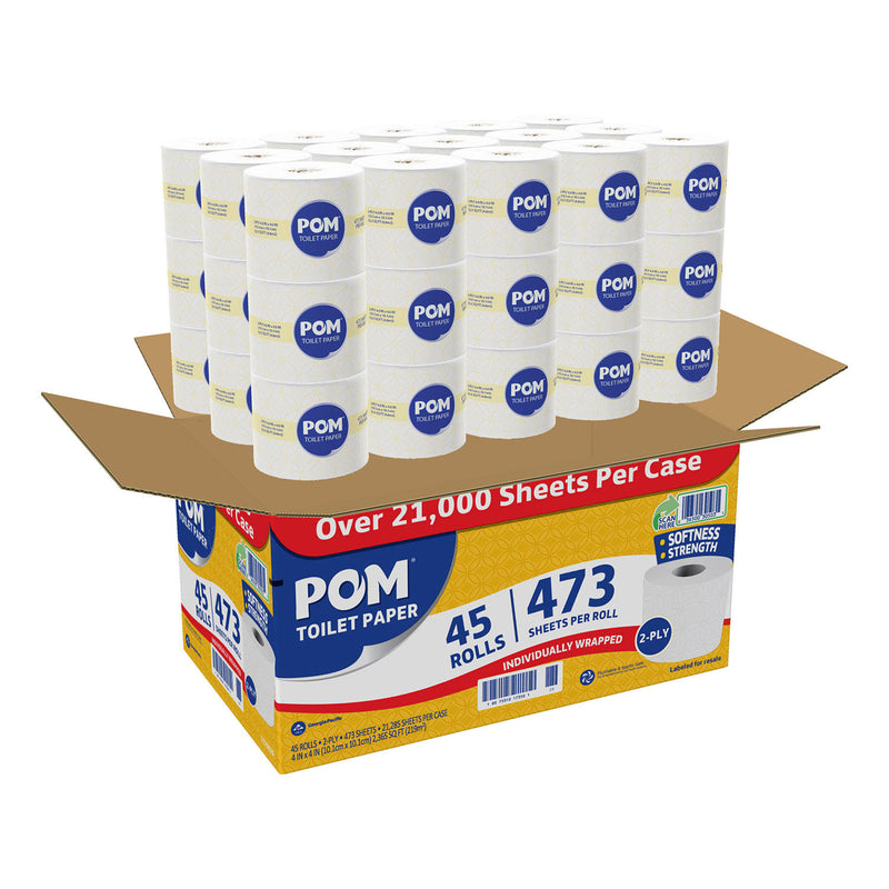 POM™ Embossed 2-Ply Toilet Paper, White, 45 Rolls, 473 Sheets/Roll