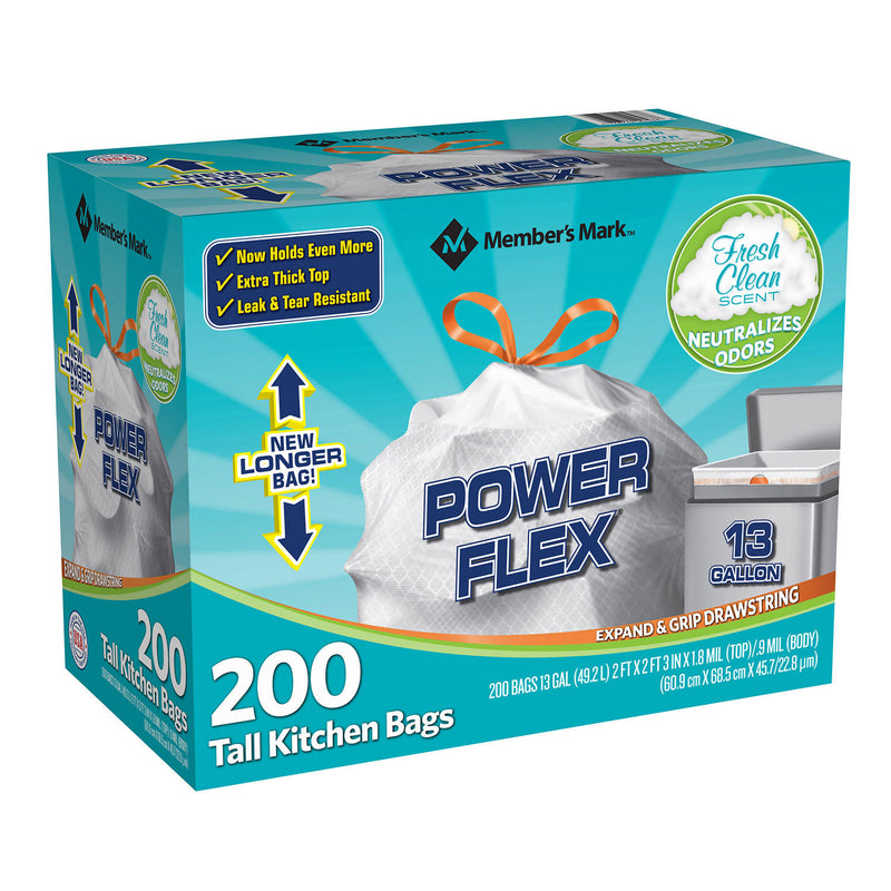 Member's Mark Power Flex Tall Kitchen Drawstring Trash Bags (13 Gallon, 2 Rolls of 100 ct., 200 count total)  scent: Fresh Clean