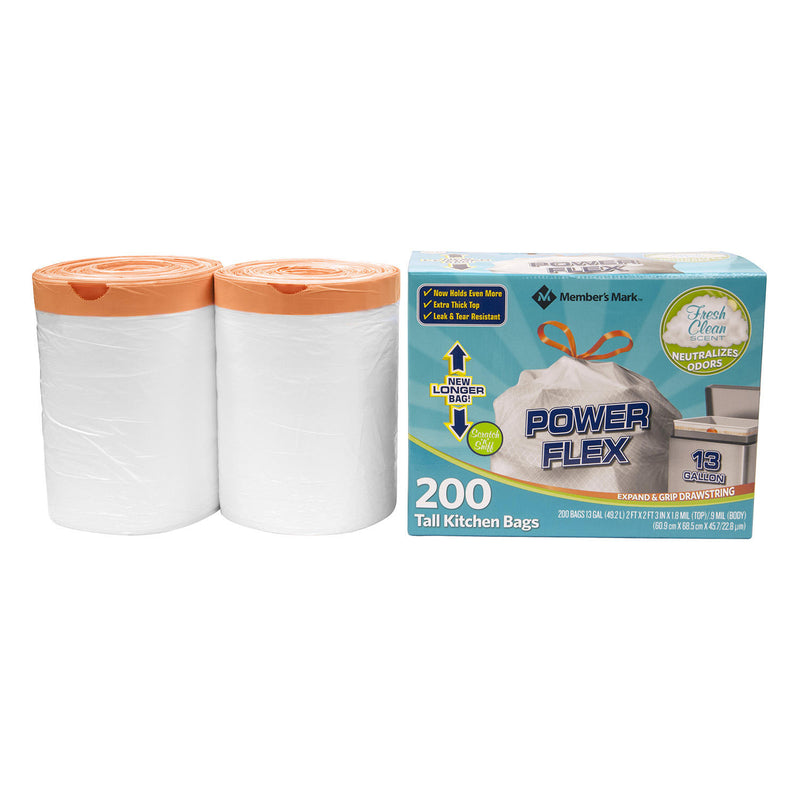 Member's Mark Power Flex Tall Kitchen Drawstring Trash Bags (13 Gallon, 2 Rolls of 100 ct., 200 count total)  scent: Fresh Clean