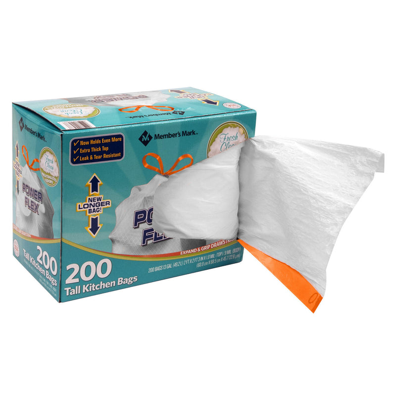 Member's Mark Power Flex Tall Kitchen Drawstring Trash Bags (13 Gallon, 2 Rolls of 100 ct., 200 count total)  scent: Fresh Clean