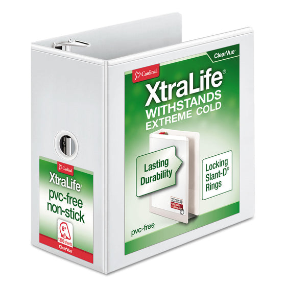 Cardinal XtraLife ClearVue Non-Stick Locking Slant-D Binder, 6" Cap, 11" x 8 1/2", White