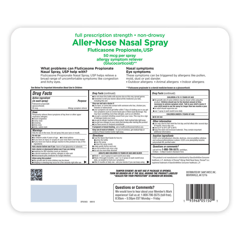 Member's Mark 50 mcg Aller-Nose, Fluticasone Propionate Nasal Spray (0.54 fl. oz., 6 ct.)