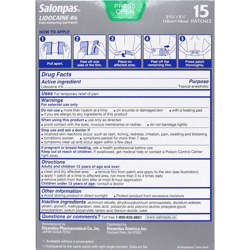 Salonpas LIDOCAINE Pain Relieving (2 Packs of 15 Each)