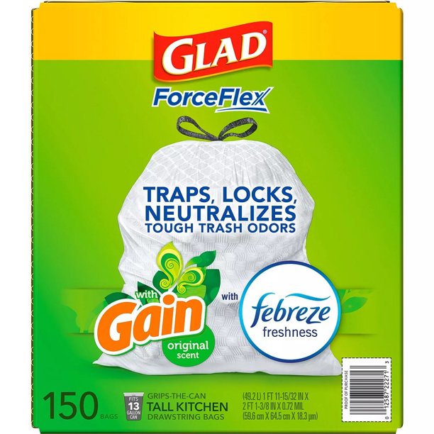 Glad ForceFlex Tall Kitchen Trash Bags, Gain Original Scent with Febreze Freshness (13 gal., 150 ct.)