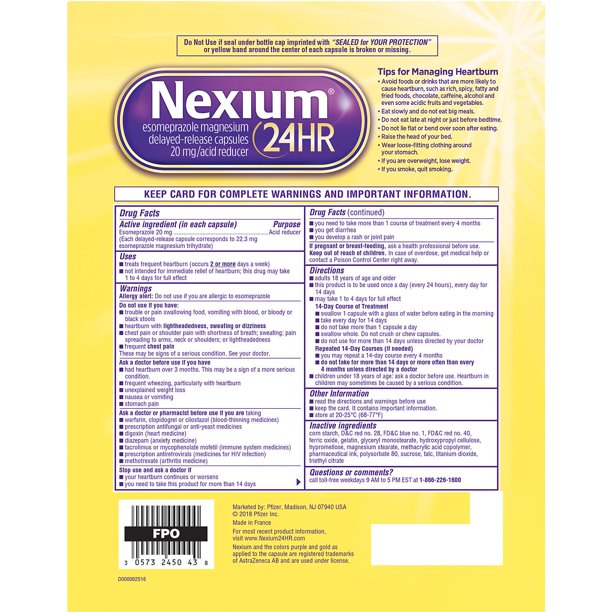 Nexium 24HR Delayed Release Heartburn Relief Capsules, Esomeprazole Magnesium Acid Reducer, 20 mg. (14 ct., 3 pk.)