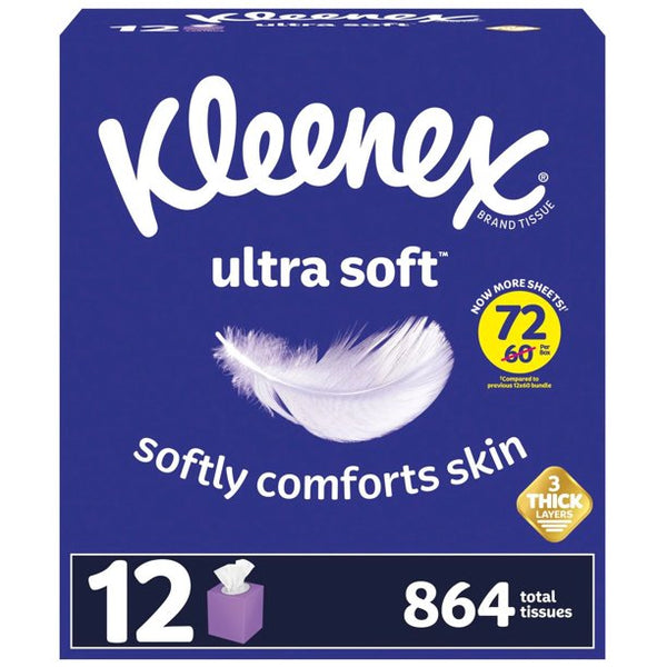 Kleenex Ultra Soft 3-Ply Facial Tissues, Cube Boxes (72 tissues/box, 12 boxes)