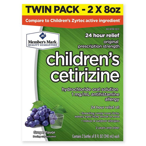 Member's Mark Children's Cetirizine Allergy Relief Oral Solution, Sugar-Free Grape Flavor (8 oz., 2 pk.)