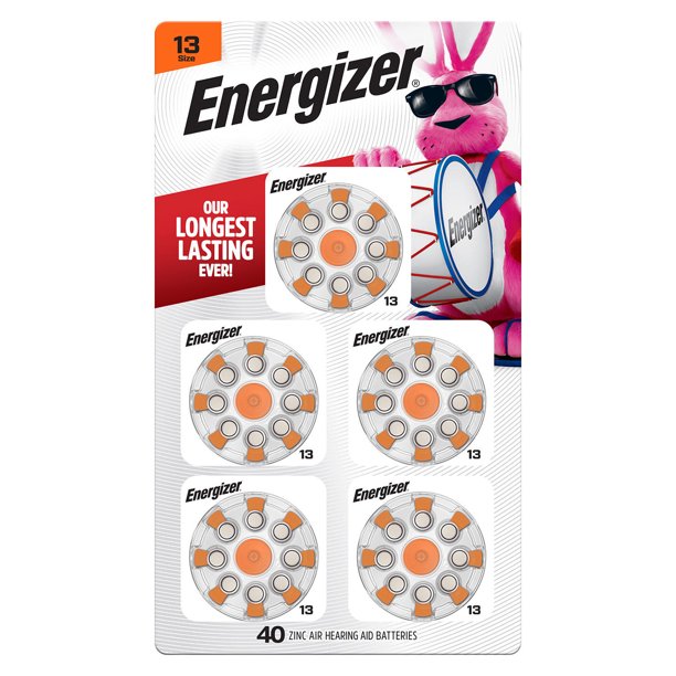 Energizer Hearing Aid Batteries Size 13, Orange Tab, 40 Pack