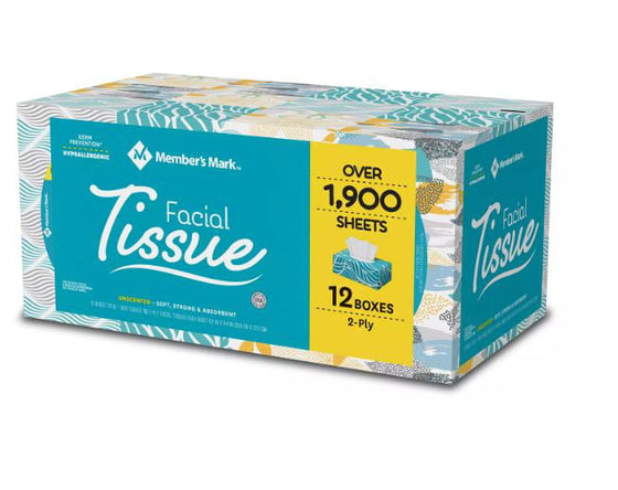 Member’s Mark Facial Tissues, 12 Flat Boxes, 160 2-Ply Tissues per Box (1920 Tissues Total)