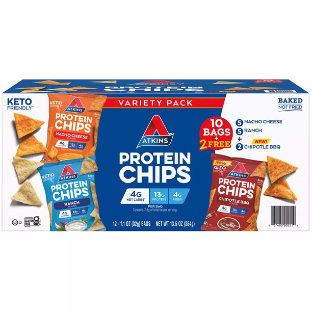 Atkins Keto Friendly Protein Chips Snack Variety Pack, Ranch, Nacho Cheese, and Chipotle BBQ (12 ct.)