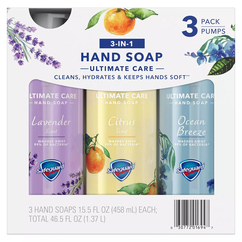 Safeguard Liquid Hand Soap 3-in-1 Ultimate Care Pack, Micellar Deep Cleansing (15.5 fl. oz. 3 pk.)