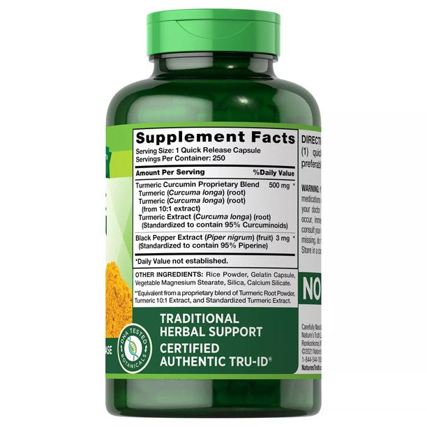 Nature's Truth Optimal Absorption Turmeric Curcumin Complex 500mg, Quick Release Capsule (250 ct.)