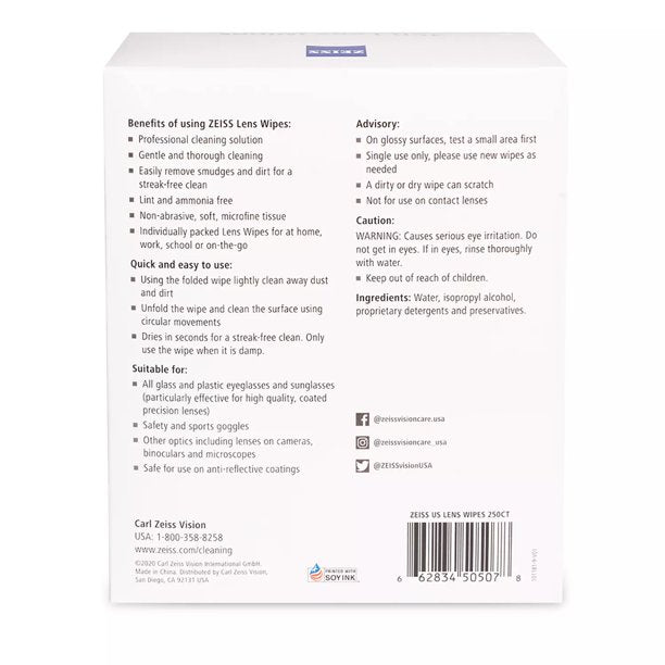 ZEISS Pre-Moistened Eyeglass Lens Cleaning Wipes (250 ct.)