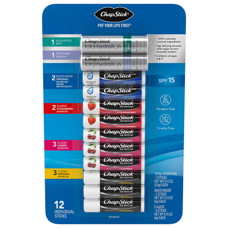 ChapStick Variety Pack Classic Original, Cherry, Strawberry, Lip Moisturizer & Total Hydration (12 ct.)