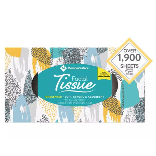 Member’s Mark Facial Tissues, 12 Flat Boxes, 160 2-Ply Tissues per Box (1920 Tissues Total)